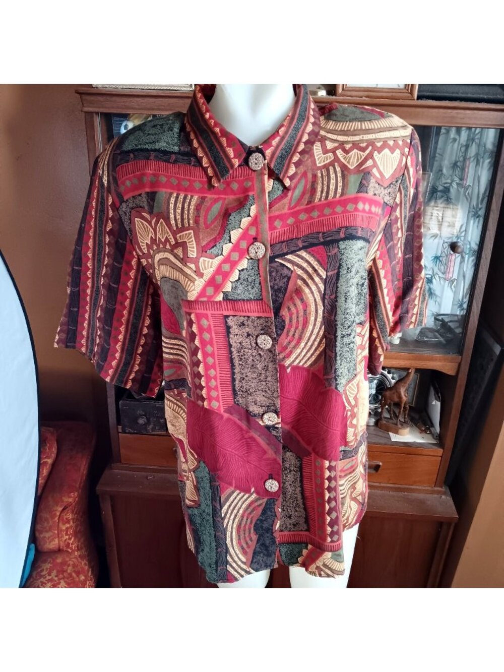 African Geometric Vintage Women's Large Blouse Padded 90's Granny Urban Wear